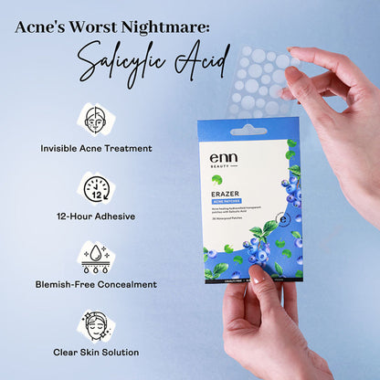 ENN Erazer Acne Pimple Patches with 0.5% Salicylic Acid, waterproof transparent patches on a white background.