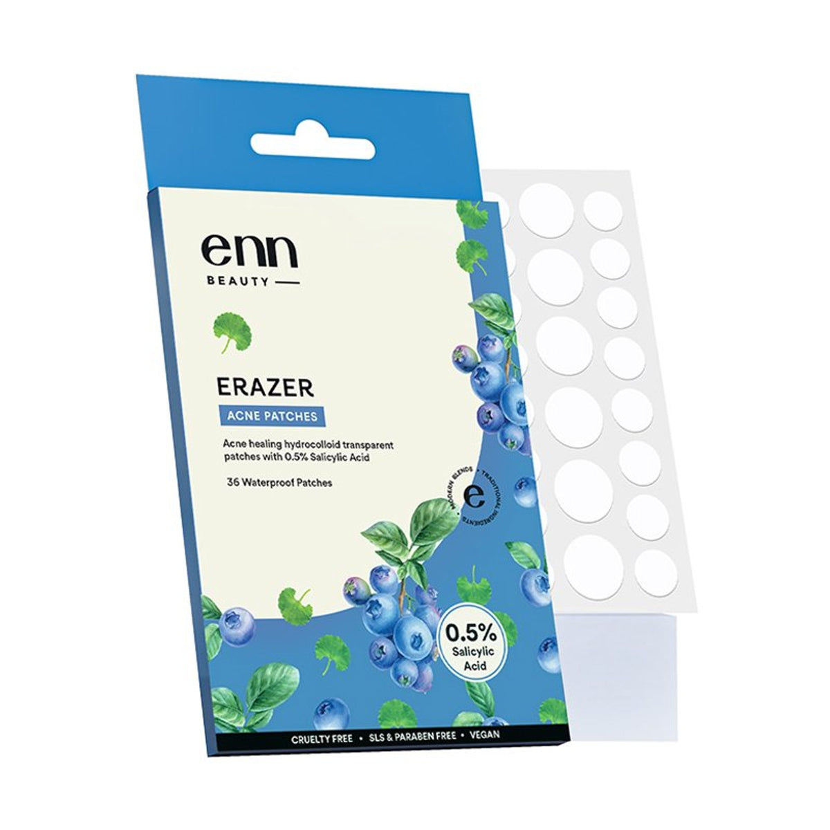 ENN Erazer Acne Pimple Patches with 0.5% Salicylic Acid, waterproof and transparent, shown on affected skin.