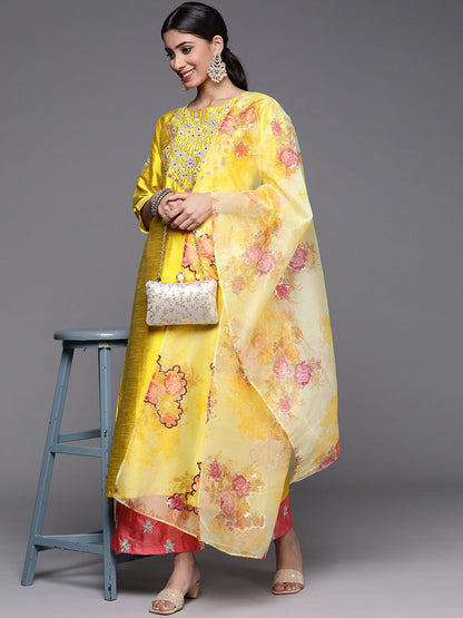 Indyancart VA Women's Mustard Yellow Floral Embroidered Kurta with Trousers & Dupatta