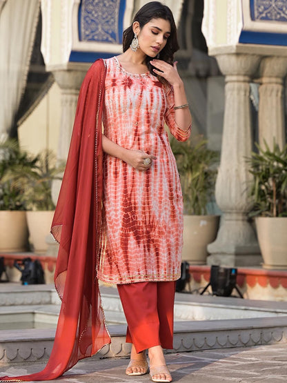 Indyancart VA Women'sAbstract Printed Regular Pure Cotton Kurta with Palazzos & Dupatta