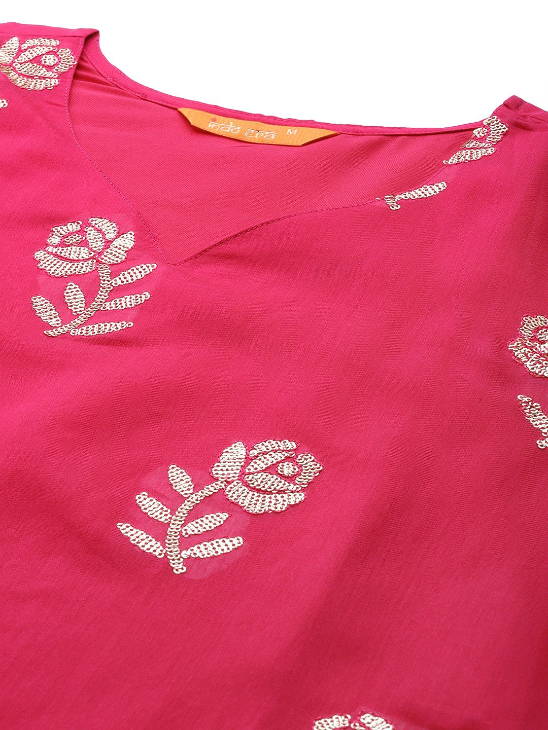 Dhiyona IE Women Pink Floral Embroidered Regular Sequinned Chanderi Cotton Kurta with Trousers & With Dupatta