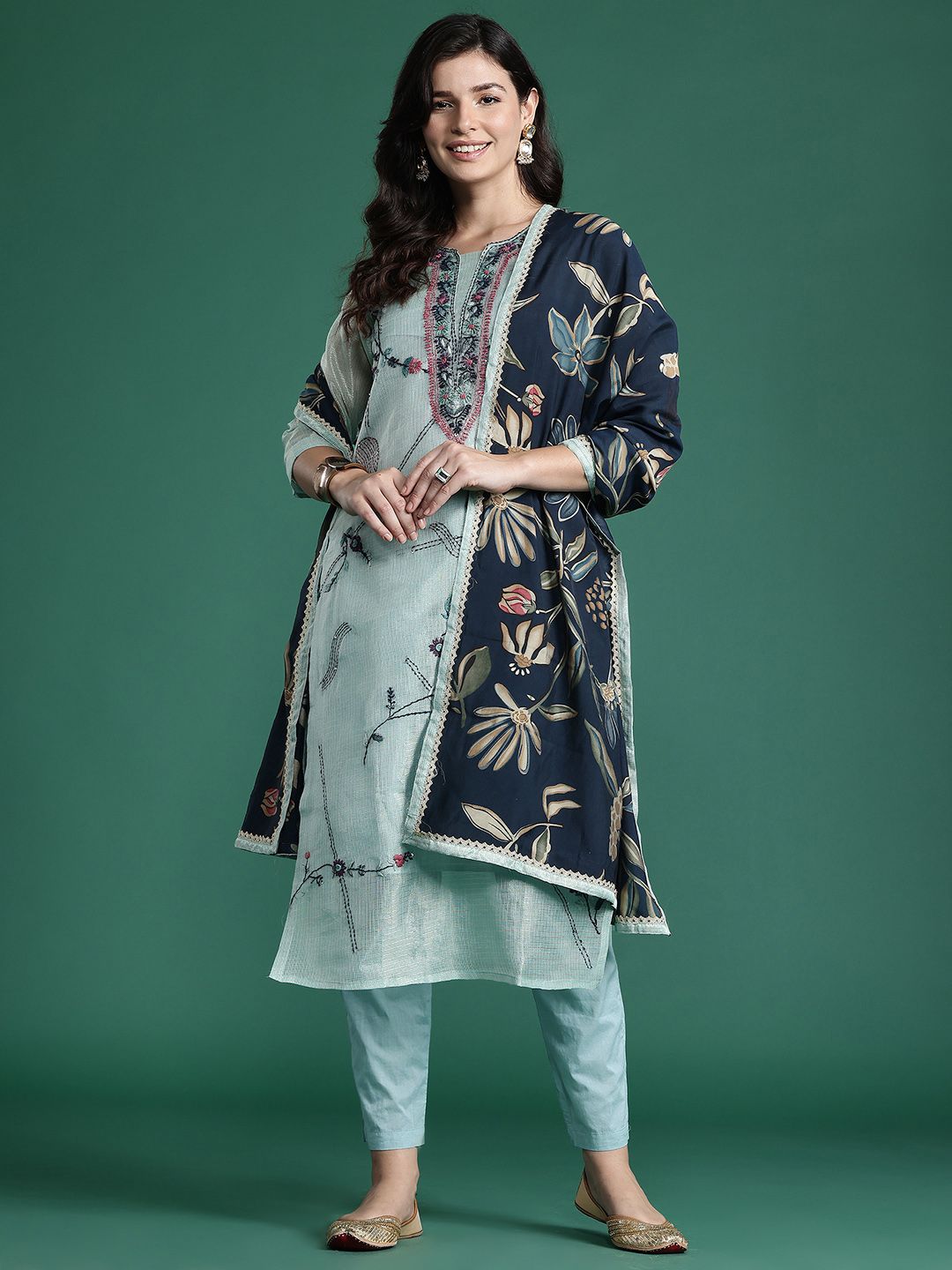 Indyancart IE Floral Embroidered Thread Work Pure Cotton Kurta with Trousers & With Dupatta