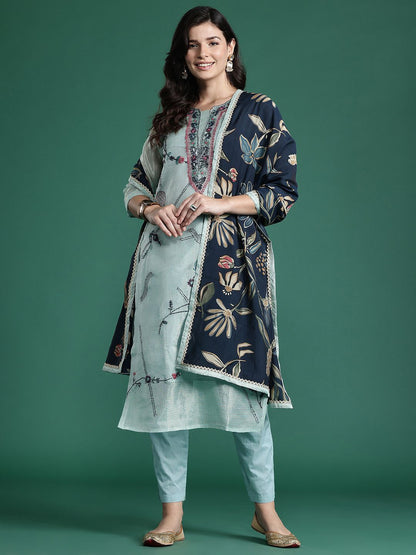 Indyancart IE Floral Embroidered Thread Work Pure Cotton Kurta with Trousers & With Dupatta