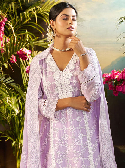 Women Solid Embroidered Cotton Kurta with Trousers & Dupatta