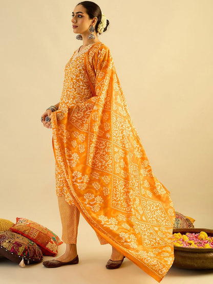 Dhiyona IE Mustard Yellow Floral Printed V-Neck Thread Work Kurta with Trousers & Dupatta