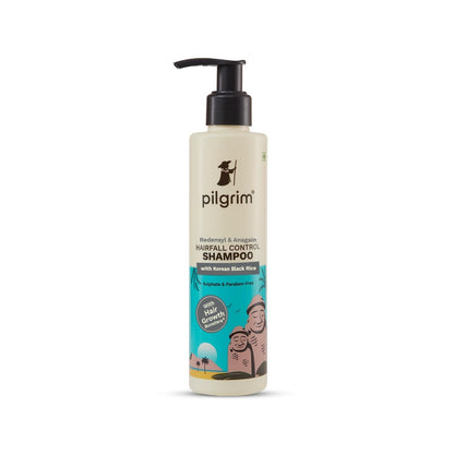 Pilgrim Redensyl and Anagain hair fall control shampoo with Korean black rice, showing the bottle with product label and black rice grains