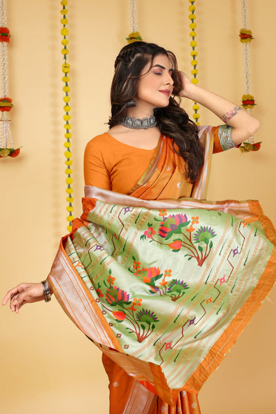 Indyancart GR Women's Mastani Kesar Orange Zari Paithani Silk Saree