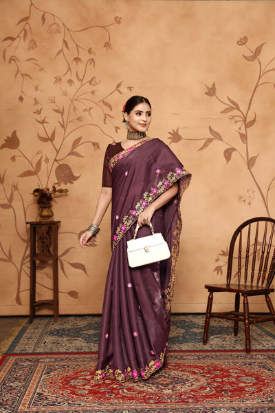 Indyancart GR Women's Armani Chocolate Brown Jimmi Choo Embroidered Saree