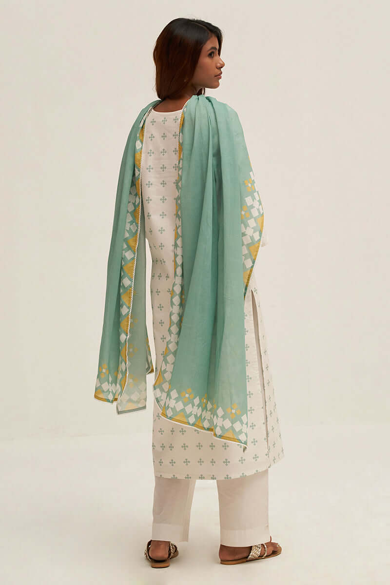 Women's White and Aquifer Printed Cotton Salwar Suit