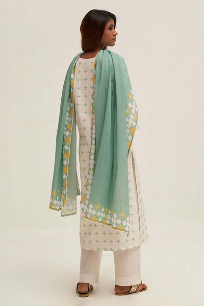 Women's White and Aquifer Printed Cotton Salwar Suit
