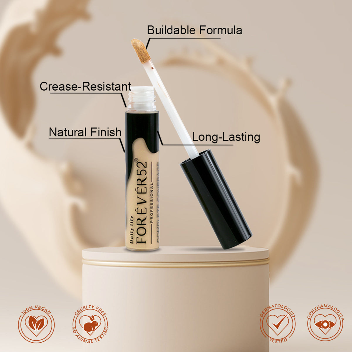 Daily Life Forever52 Complete Coverage Concealer in shade COV001, with a sleek compact and applicator brush visible.