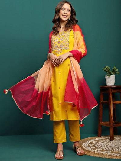 Indyancart SN Women's Embroidered Round Neck Straight Kurta With Trousers & Dupatta