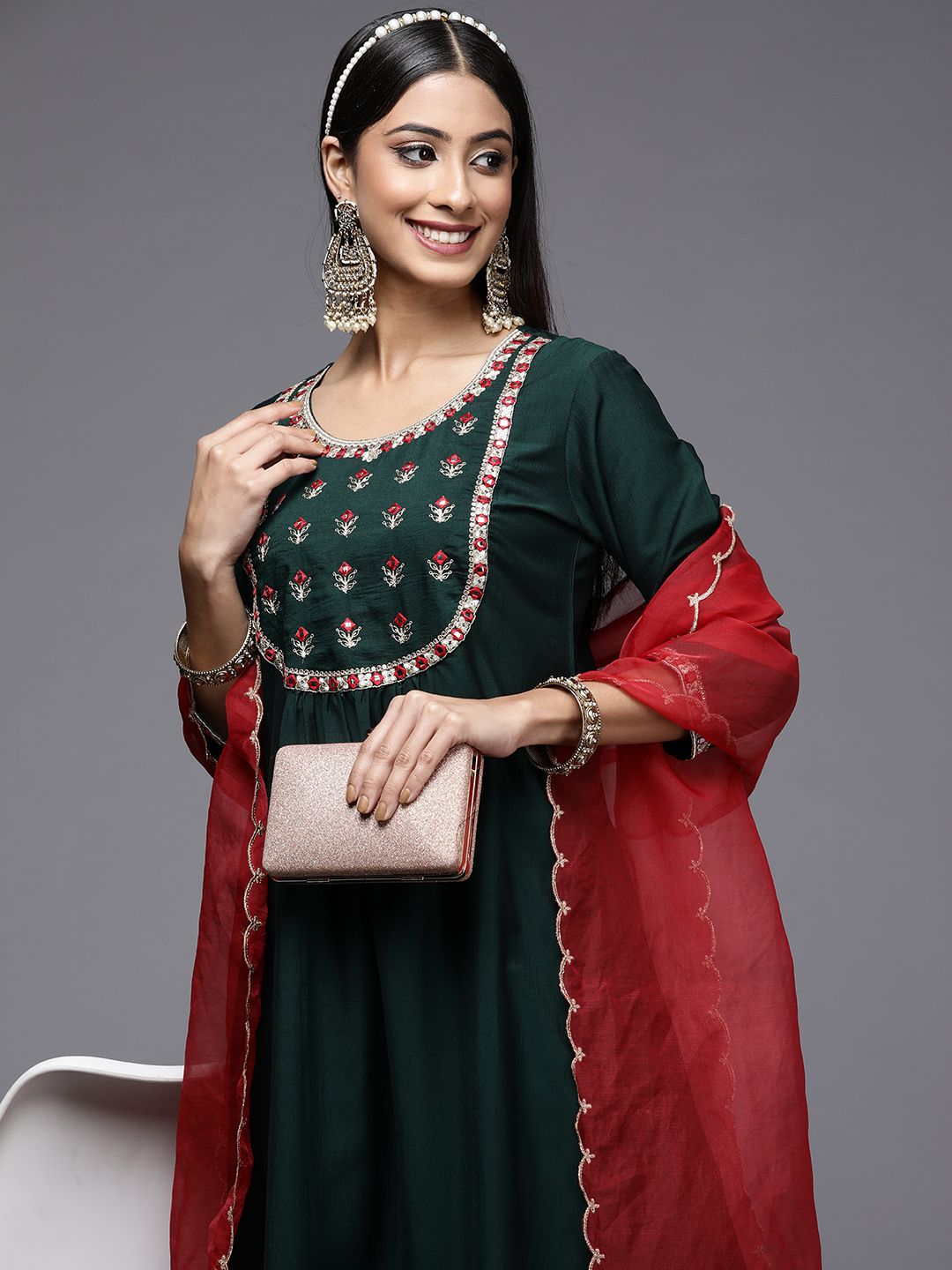 Indyancart IE Women Green Yoke Design Mirror Work Kurta with Palazzos & Dupatta