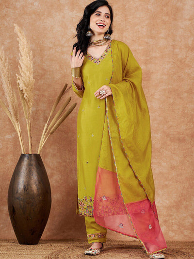 Indyancart SN Women's Ethnic Motifs Embroidered V-Neck Kurta & Trousers With Dupatta