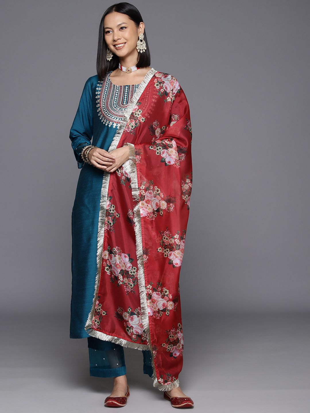 Indyancart VA Women's Embroidered Yoke Design Regular Sequinned Kurta With Trousers & Dupatta