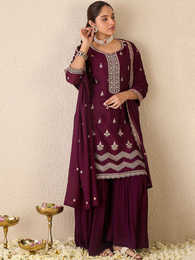 Indyancart IE Floral Embroidered Sweetheart Neck Kurta With Sharara & Dupatta