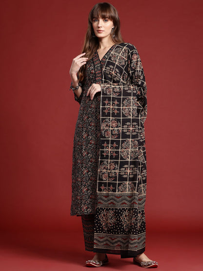 Indyancart IE Floral Printed Pure Cotton Kurta With Trousers & Dupatta