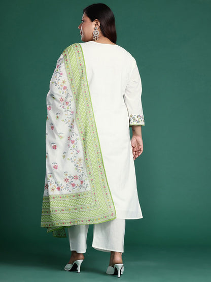 Indyancart Women's Plus Size Floral Embroidered Thread Work Pure Cotton Kurta Set