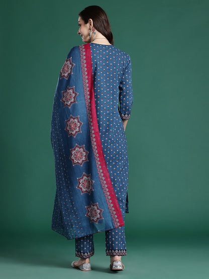 Indyancart IE Ethnic Motifs Printed Mirror Work Pure Cotton Kurta with Trousers & With Dupatta