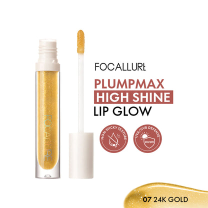 Focallure FA153 Plumpmax High Shine Lip Glow with 24k Gold, glossy lip gloss tube showing the luxurious packaging and gold accents.