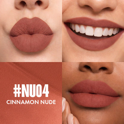 Focallure Lasting Matte Lipstick in Nu04 Cinnamon Nude, showing the lipstick tube and swatch of warm nude shade.