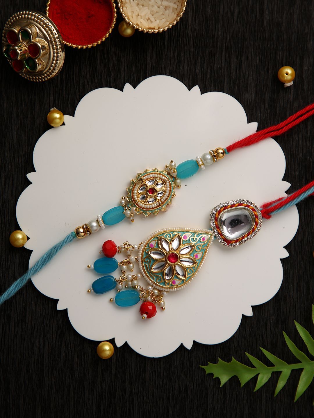 Anouk Bhaiya Bhabhi Kundan Studded Enameled Thread Rakhi With Roli Chawal & Greetings Card