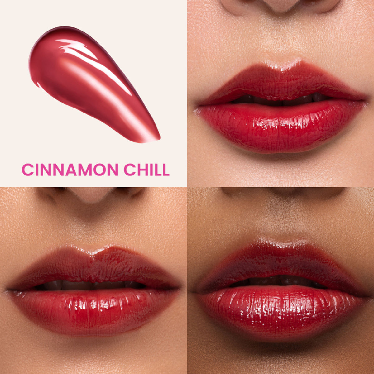 Typsy Beauty Glacier Glow Cinnamon Chill 04 plumping lip tint in a warm cinnamon shade, smooth and glossy finish, close-up shot.