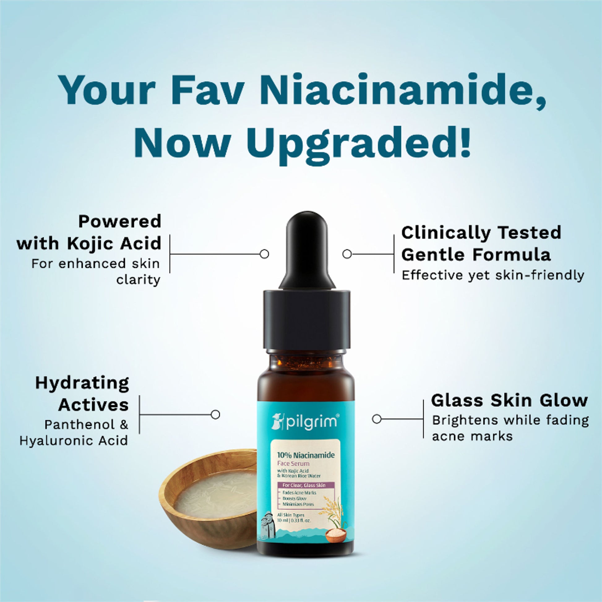Pilgrim 10% Niacinamide with Kojic Acid & Korean Rice Water Face Serum For Clear Glass Skin Glow