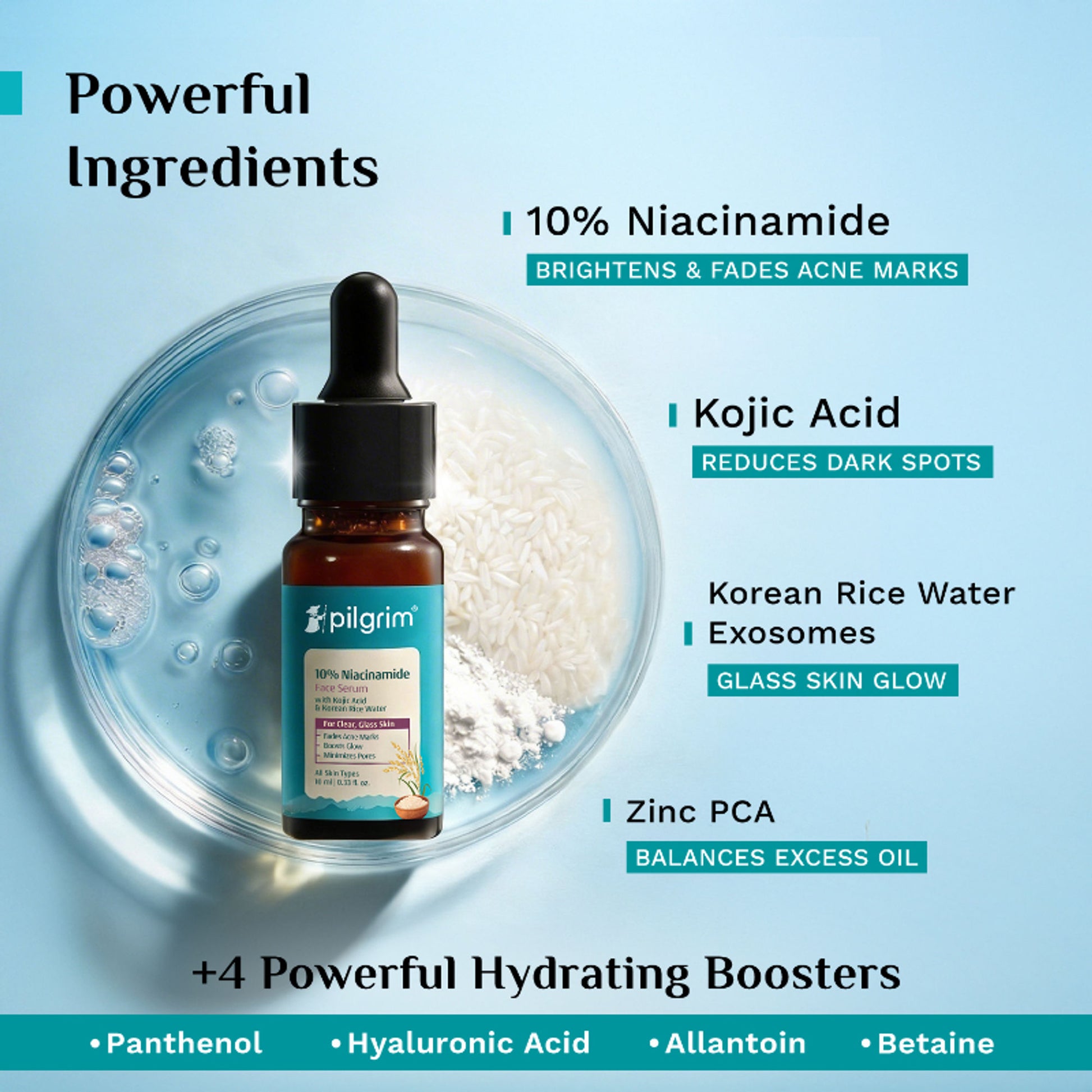 Pilgrim 10% Niacinamide with Kojic Acid & Korean Rice Water Face Serum For Clear Glass Skin Glow