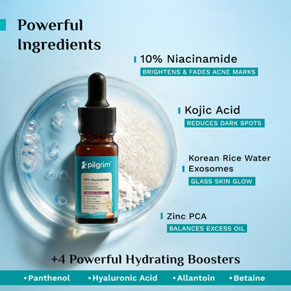 Pilgrim 10% Niacinamide with Kojic Acid & Korean Rice Water Face Serum For Clear Glass Skin Glow