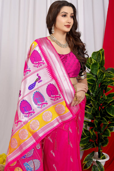 Indyancart GR Women's Chandramukhi Hot Pink Zari Paithani Silk Saree