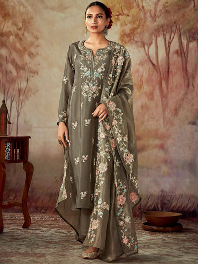Indyancart IE Floral Embroidered Regular Thread Work Chanderi Silk Straight Kurta Set