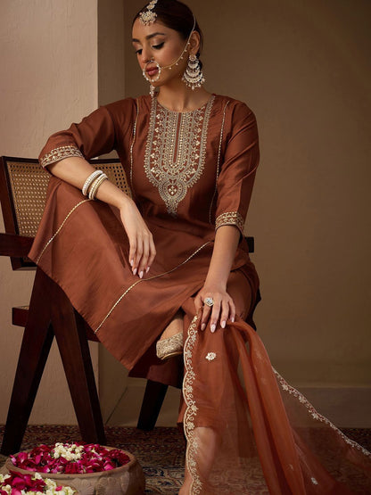Indyancart IE Women Ethnic Motifs Embroidered Regular Liva Kurta with Trousers & With Dupatta