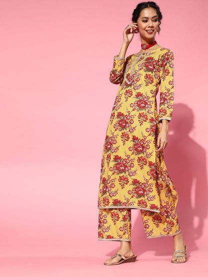 Dhiyona IE Yellow Cotton Blend Romantic Florals Kurta Set
