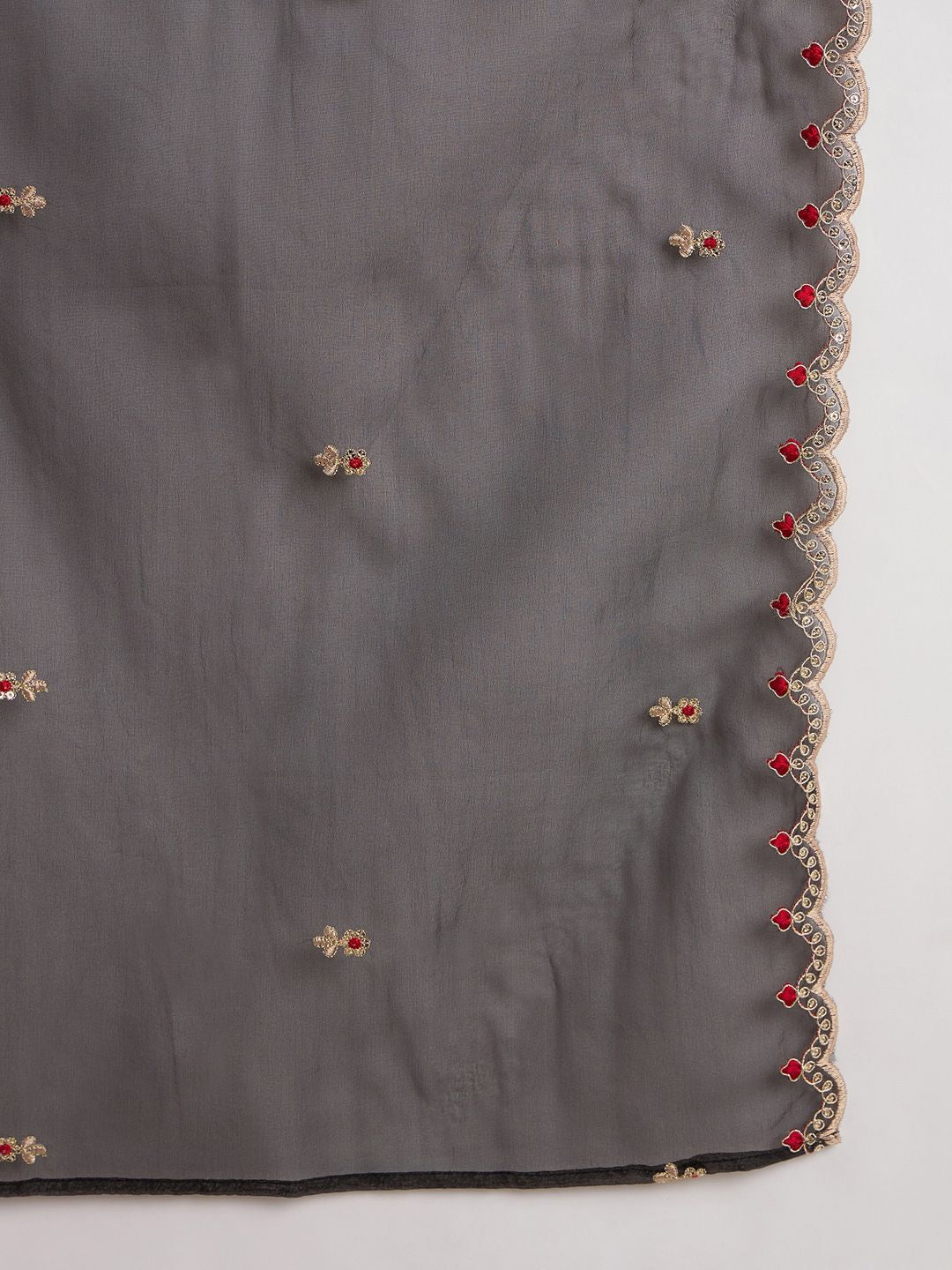 Indyancart IE Floral Embroidered V-Neck Zari Straight Kurta With Trouser And Dupatta