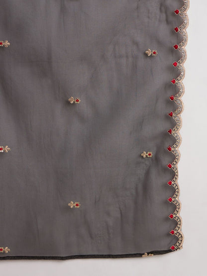 Indyancart IE Floral Embroidered V-Neck Zari Straight Kurta With Trouser And Dupatta