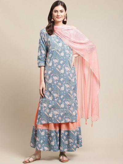 Indyancart VA Women's Blue Ethnic Motifs Printed Kurta With Palazzos & Dupatta