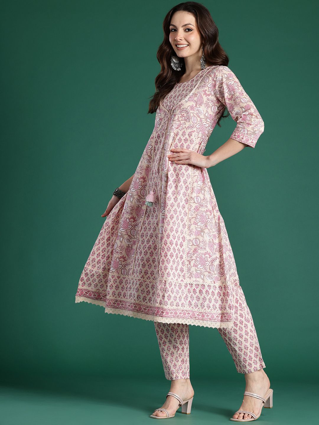 Indyancart IE Floral Printed Panelled Pure Cotton Kurta with Trousers & With Dupatta