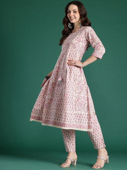 Indyancart IE Floral Printed Panelled Pure Cotton Kurta with Trousers & With Dupatta