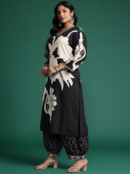Plus Size Floral Printed Beads & Stones Kurta with Salwar