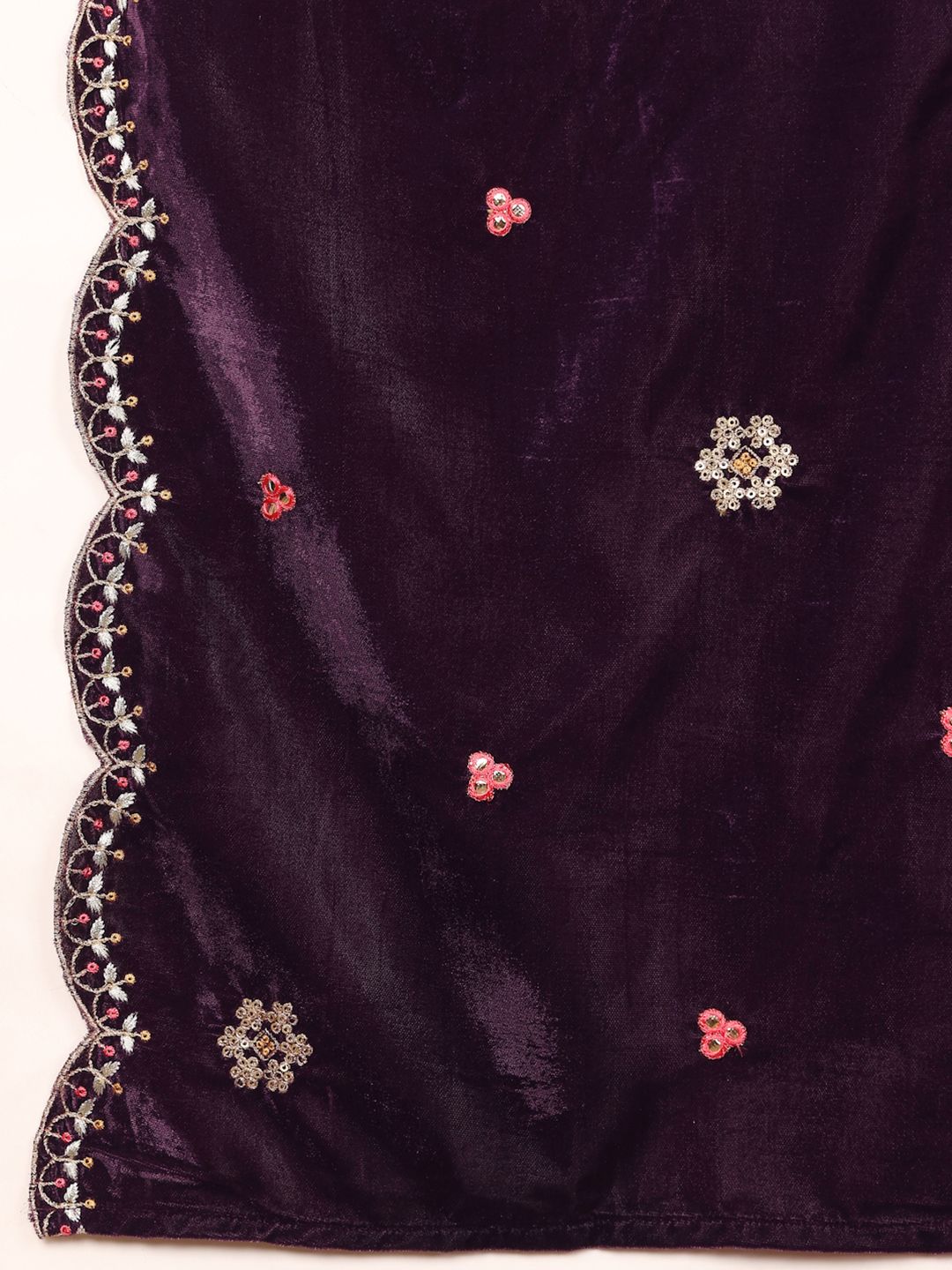 Indyancart VA Floral Embroidered Regular Velvet Straight Kurta with Palazzos & Dupatta
