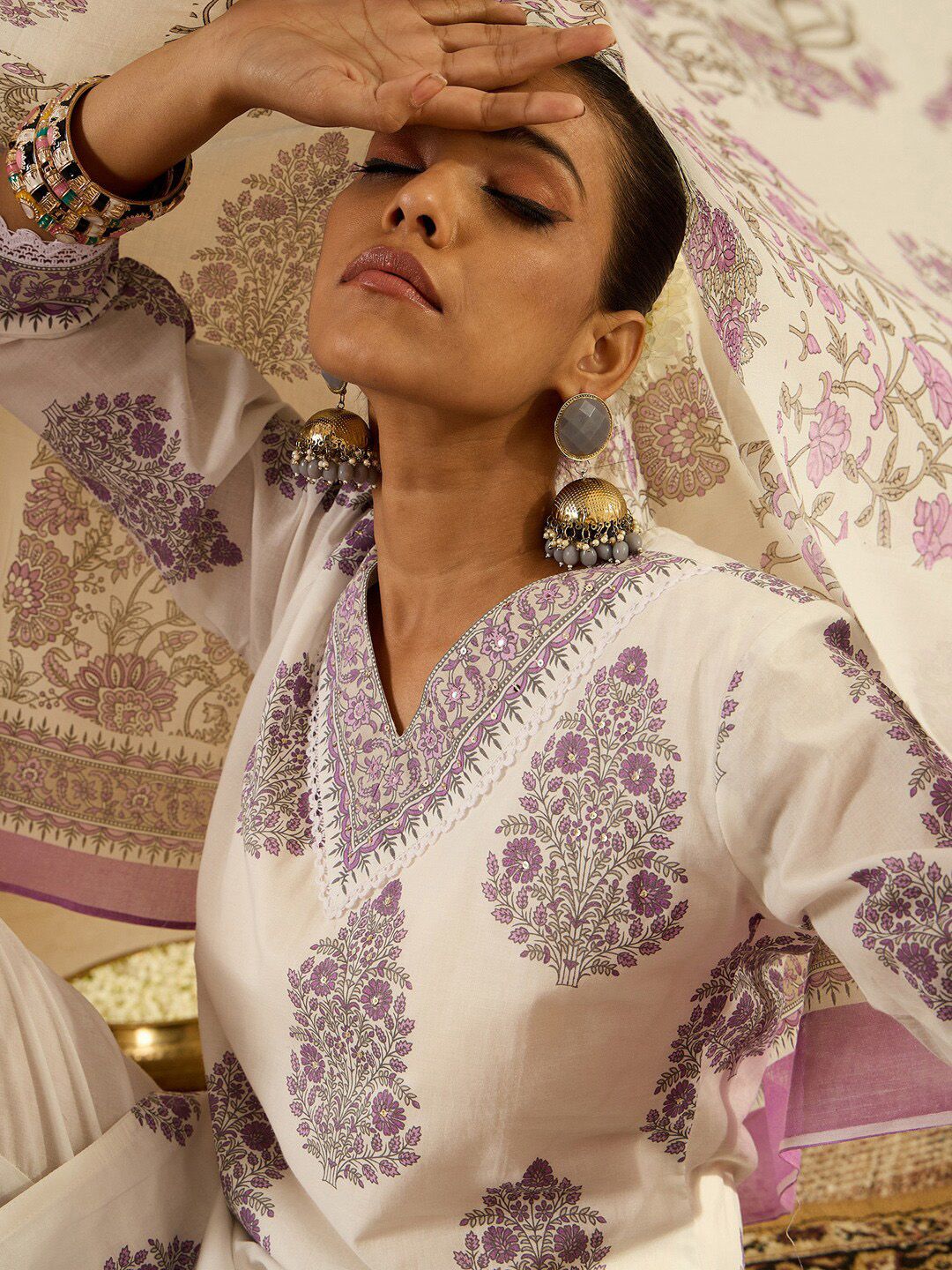 Floral Printed Regular Sequinned Pure Cotton Kurta with Trousers & Dupatta