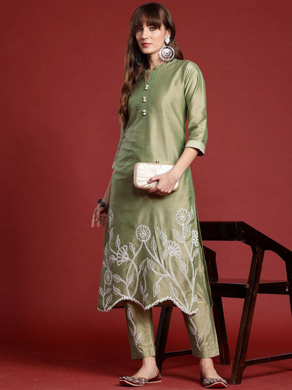 Indyancart IE Floral Embroidered Mandarin Collar Straight Tunic And Trousers