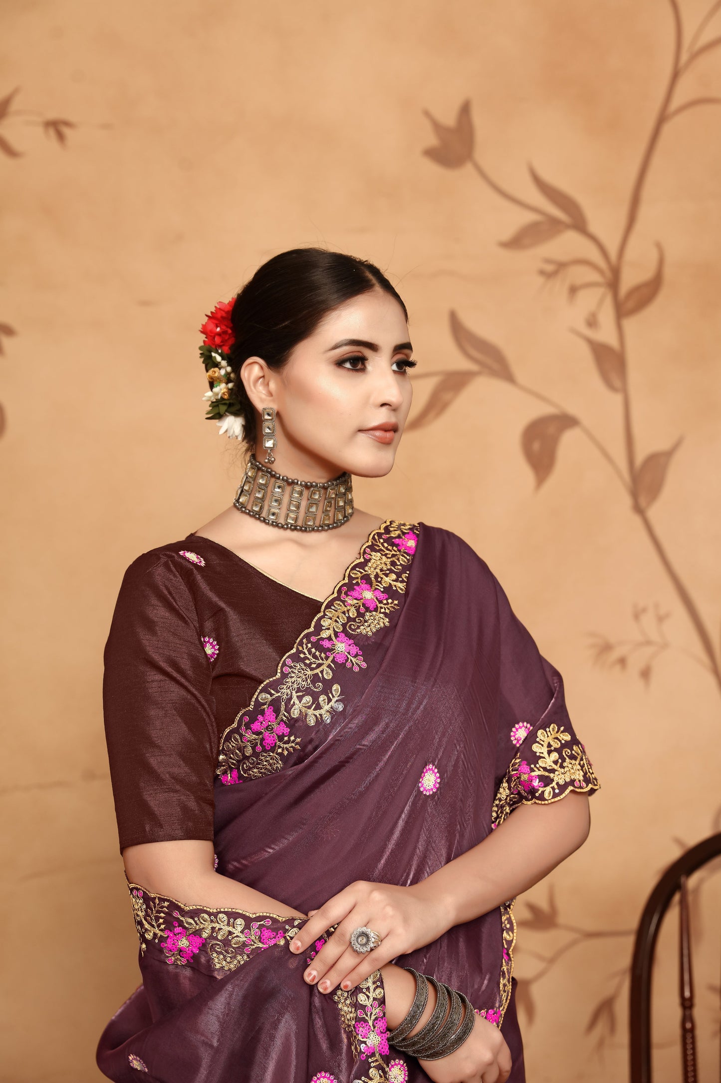 Dhiyona GR Women's Armani Chocolate Brown Jimmi Choo Embroidered Saree