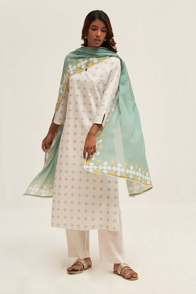 Women's White and Aquifer Printed Cotton Salwar Suit