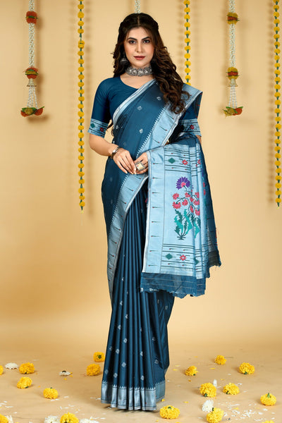 Indyancart GR Women's Mastani 2 Teal Zari Paithani Silk Saree