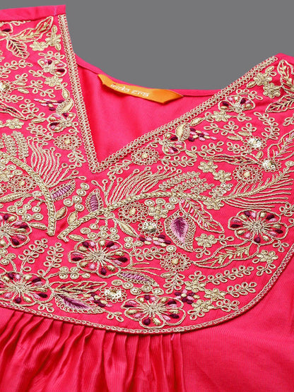 Indyancart IE Ethnic Motifs Yoke Design A-Line Sequined Kurta with Palazzos & Dupatta