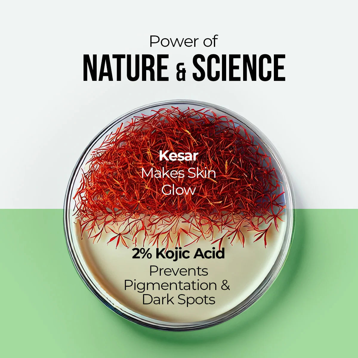 Dr. Sheth's Kesar & Kojic Acid Serum bottle with dropper, highlighting the serum's branding and packaging.