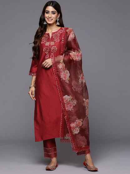 Dhiyona IE Women Floral Yoke Design Regular Sequinned Liva Kurta with Trousers & Dupatta