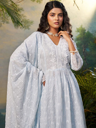 Indyancart IE Women Floral Embroidered Regular Thread Work Kurta Trousers With Dupatta Set